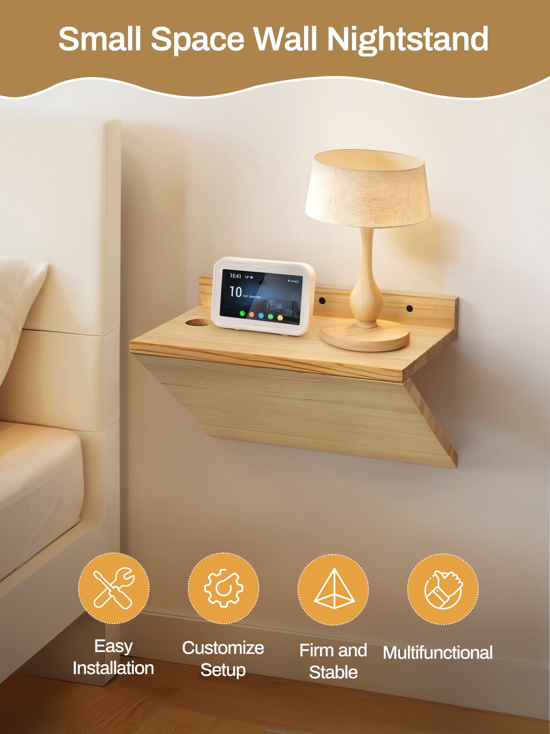 Gronda Floating Nightstand Set of 2, Solid Pine Wood Z-Shaped Wall Mounted Bedside Tables with Cable Hole, Modern Hanging Nightsatands for Bedroom