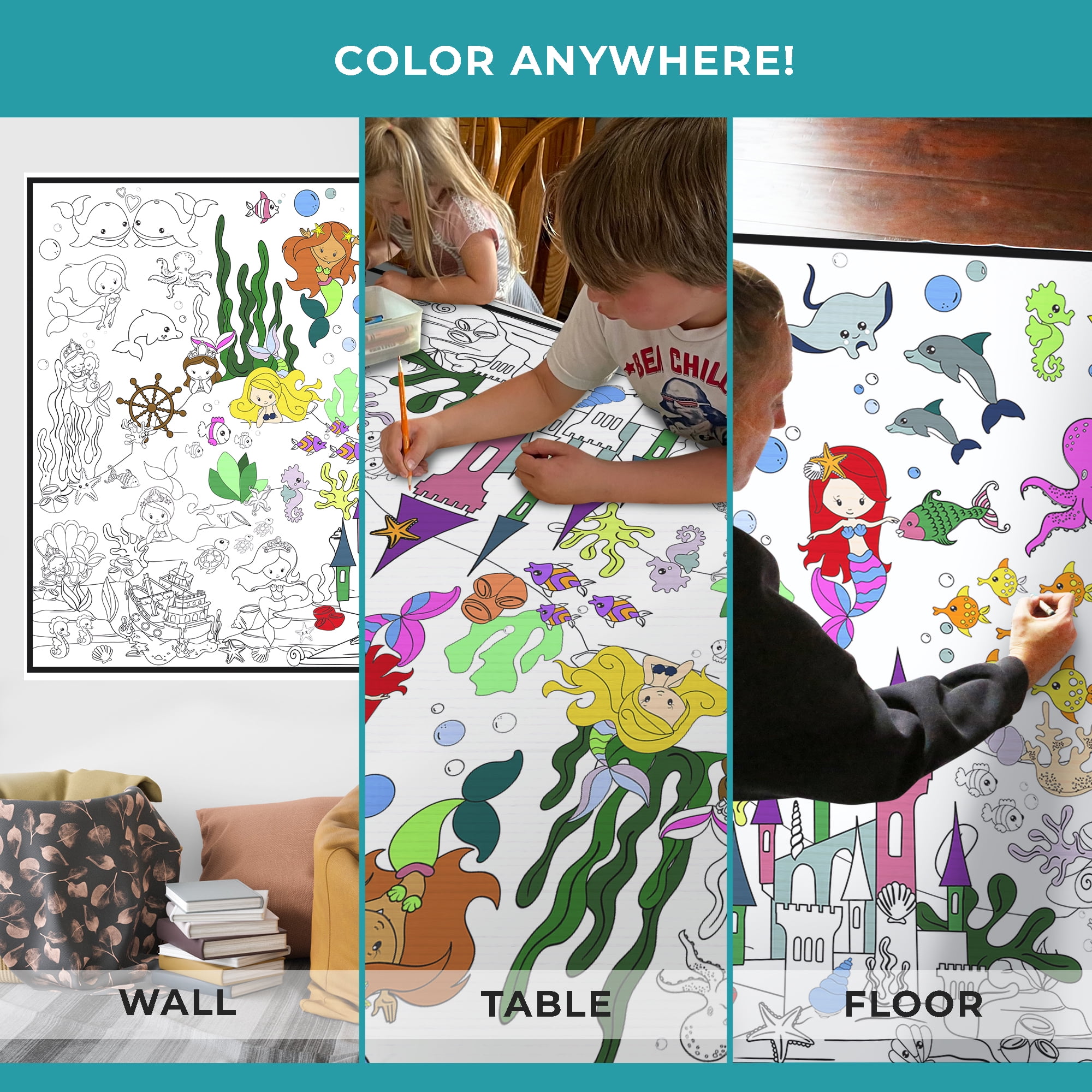 Giant Coloring Poster - Premium Jumbo Coloring Sheets for Kids & Adults with Thick Bleed-Resistant Pages, Use on Floor, Wall, or as Table Cloth, Use With Alcohol Based Markers (60” x 42”, Mermaid)