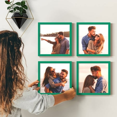 Renditions Gallery Set Of 4 8X8 Custom Photo Prints With Real Wood Picture Frames. Create Personalized Photos Collage With Peel And Stick Photo Frames. Green Frame