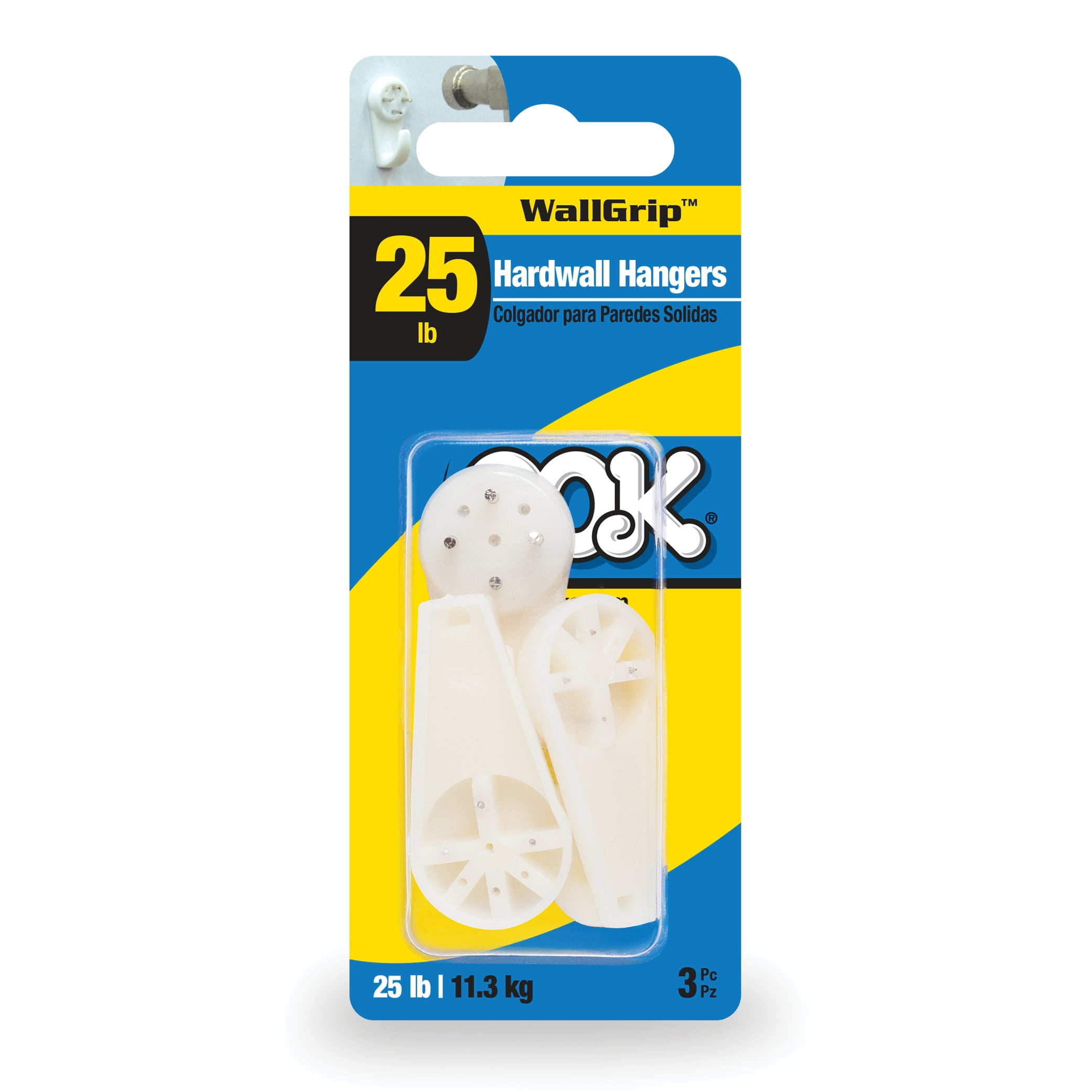 OOK Wall Grip, Hard Wall Hangers, White, 25LB, 3 Pieces
