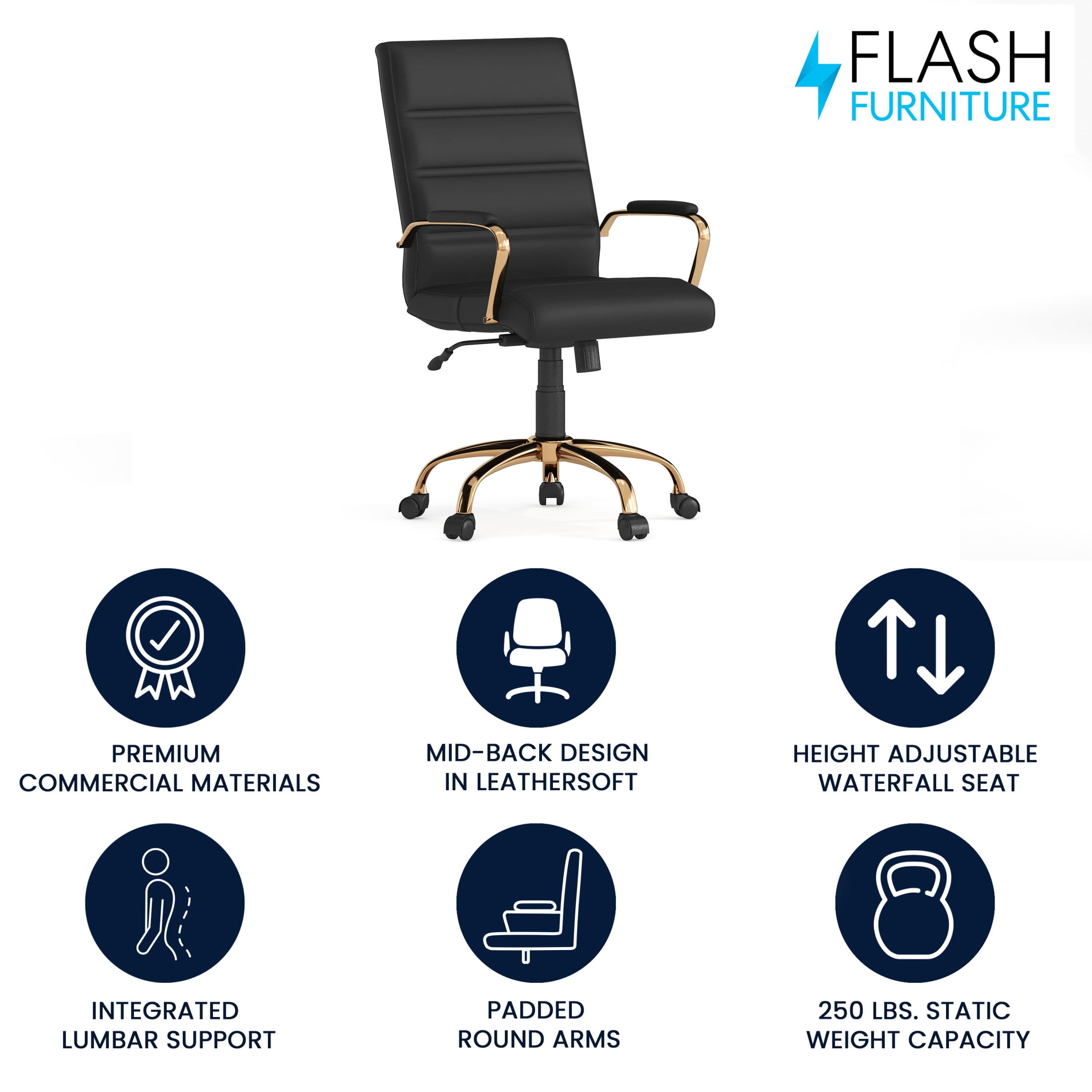 Flash Furniture Whitney Mid-Back Swivel LeatherSoft Desk Chair with Armrests, Black/Gold