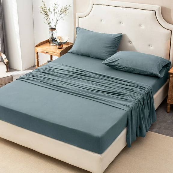 Pure Era Ultra Soft Jersey Knit T-Shirt Cotton 4pc Sheet Set (Full Size Cerulean Blue)Deep Pocket up to 20"