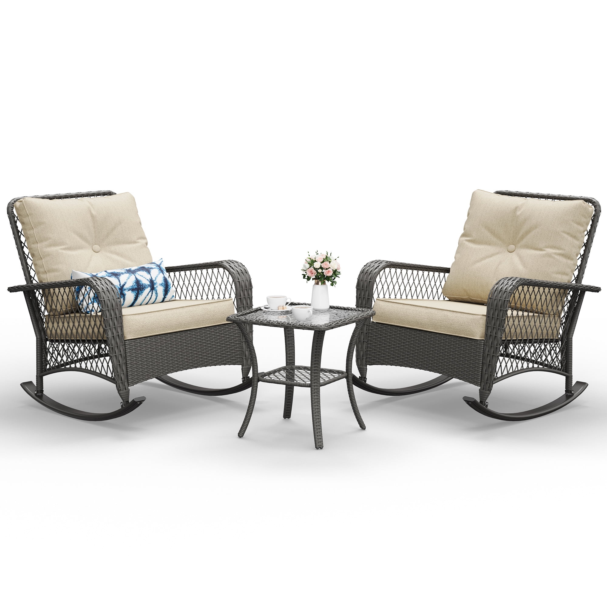 MRUAKA Outdoor Rocking Chairs Set of 3, Wicker Patio Furniture with Thickened Cushions and Table for Porch，350lbs Weight Capacity(Gray & Off-white)