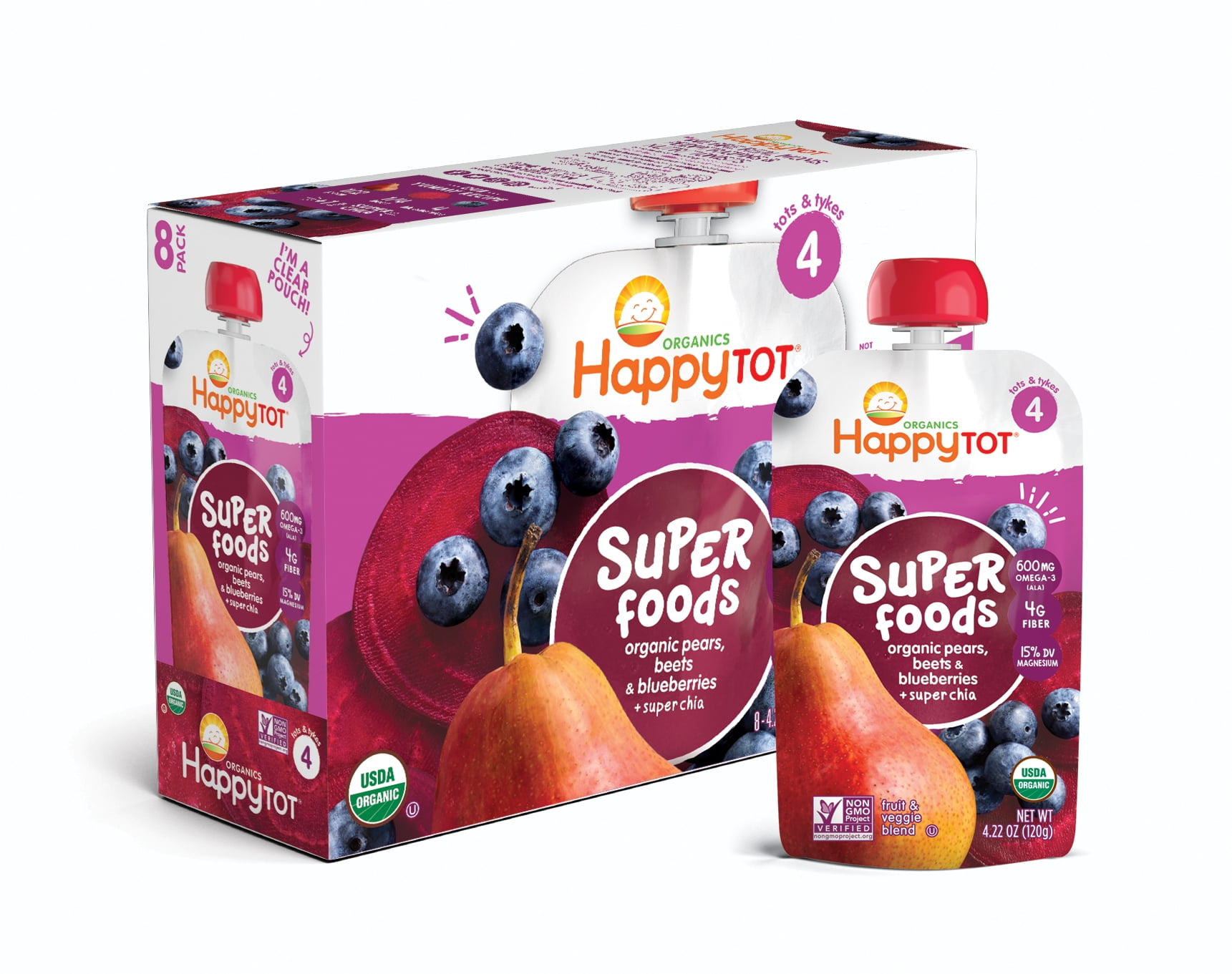 (8 Pouches) Happy Tot Superfoods, Stage 4, Organic Toddler Food, Pears, Blueberries & Beets + Super Chia, 4.22 oz