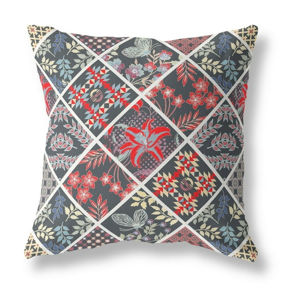 18â€ Black Red Patch Indoor Outdoor Throw Pillow