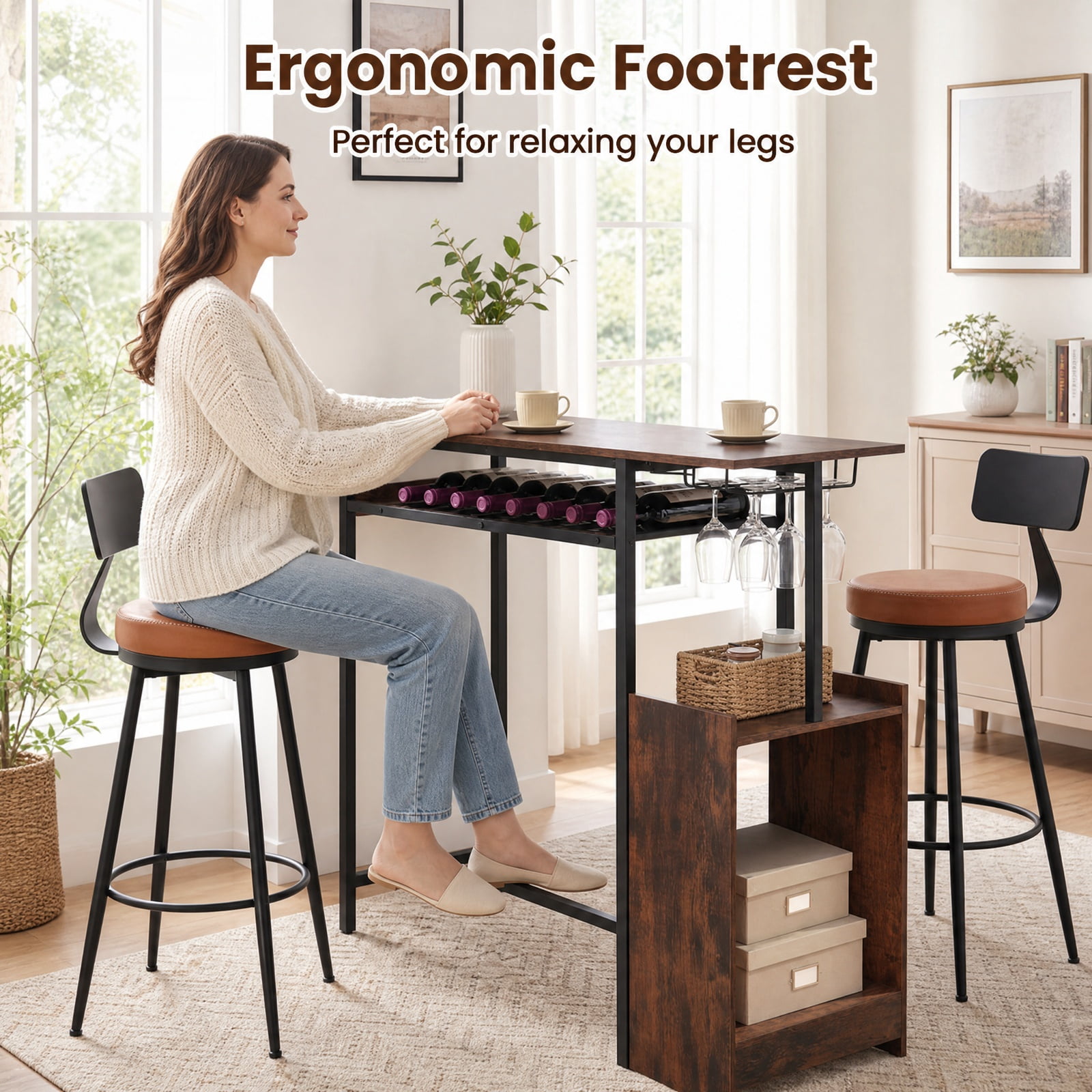 Furnibear Rectangular Bar Table with Charging Station and LED Light for Kitchen Dining Bar Bistro Pub Home Counter Height, Rustic Brown