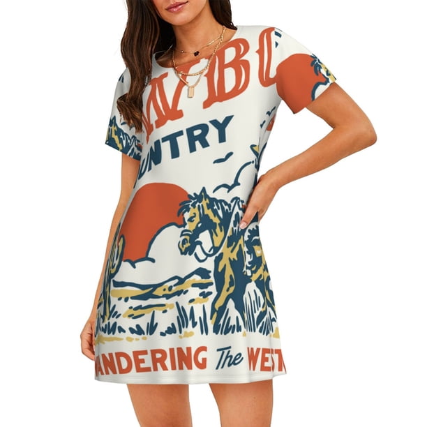 Balery Cowboy Rising Horse Camisón de manga corta con cuello redondo para mujer, cómodo y elegante.