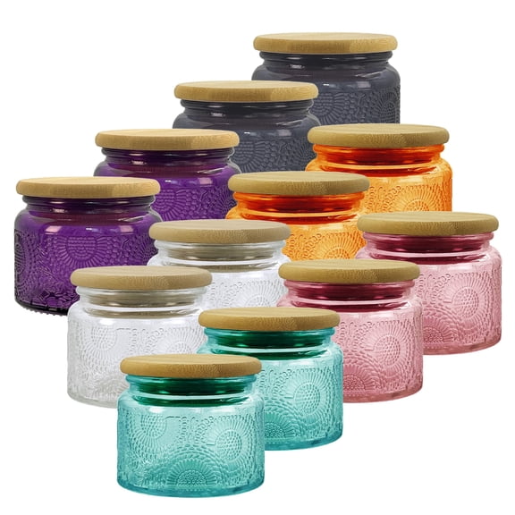 4oz Decorative Glass Jars with Bamboo Lids 12 pack 6 Colors