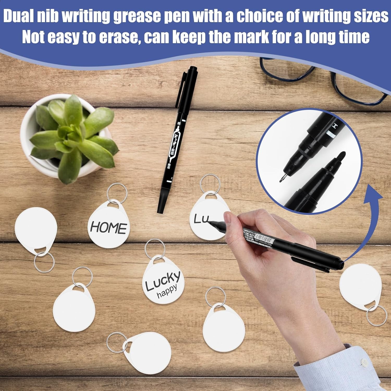 150 Pcs White Key Tags Tough Plastic Key Chain Tags with 1 Black Marker, Metal Split Ring Sturdy Round White Item Identifiers for Home,Office and Rental Management Use