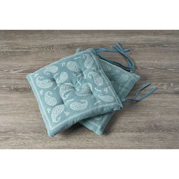 LR Home Dianna Paisley Chair Seat Pad (Chair Cushion), Blue/White, 2-Piece Set, 17" x 17
