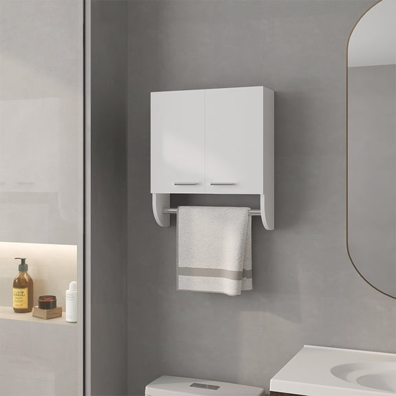 Riley White Medicine Cabinet with Towel Rod - Wall Mount Engineered Wood Storage for Bathroom, Bedroom, Hallway - 17.4"W x 5.1"D x 20.3"H
