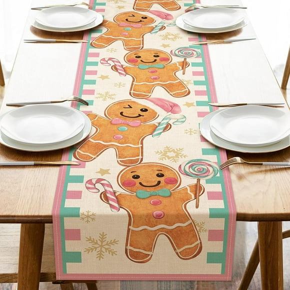 Christmas Gingerbread Man Table Runner, Pink Xmas Holiday Peppermint Candy Kitchen Dining Table Decor, Winter Snowflake Burlap Home Decoration Indoor Outdoor Party Supply 13 x 36 Inches