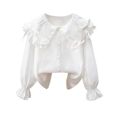 Girls Lace Peter Pan Collar Blouse Long Sleeve White Button Down Top with Ruffle Cuffs for Kids to Teen School Church Special Occasion,Size 13 T