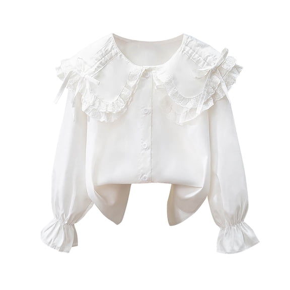 Girls Lace Peter Pan Collar Blouse Long Sleeve White Button Down Top with Ruffle Cuffs for Kids to Teen School Church Special Occasion,Size 13 T
