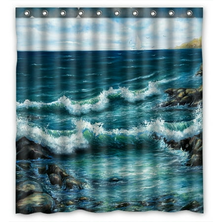Shop Shower Curtain PHFZK Ocean Shower Curtain, Oil Painting Sea Wave and Ship Boat Polyester Fabric Bathroom Shower Curtain 66x72 inches ()