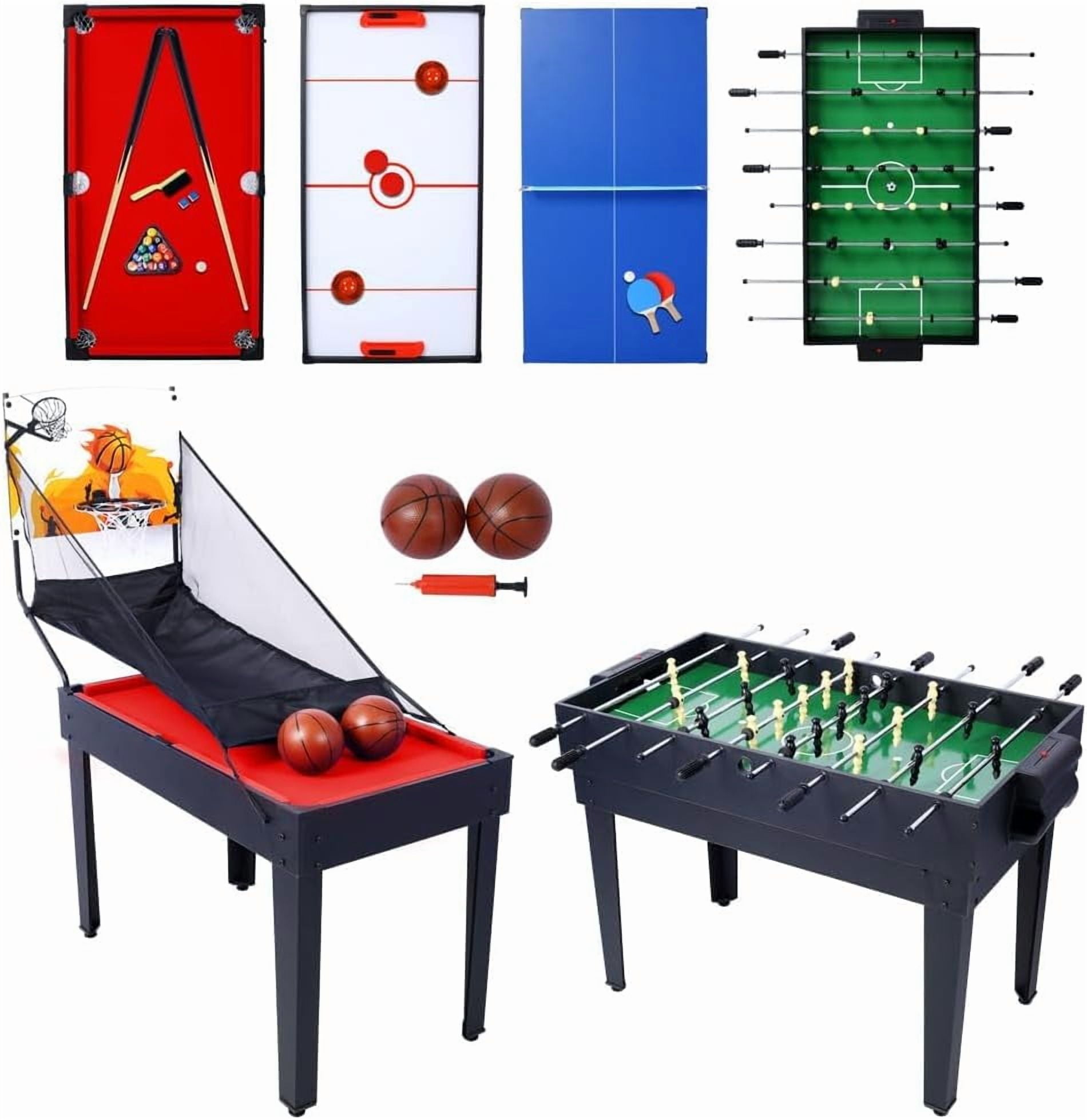 Rugerasy 5 in 1 Multi-Game Table,Combo Game Table with Billiards,Push Hockey,Foosball,Ping Pong,Basketball for Adults,Portable Multi Game Combination Table Set for Home,Game Room,Black/Red