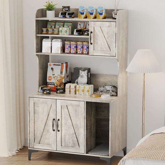 Grey Wooden Cat Litter Box Cabinet, Door Design Privacy Shelter Household Cat Toilet Furniture