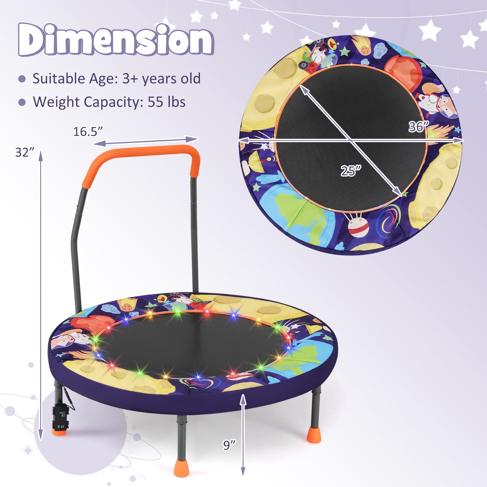 Gymax 36'' Foldable Kid Trampoline w/ 20 LED Lights Foam Handlebar Padded Safety Cover Purple