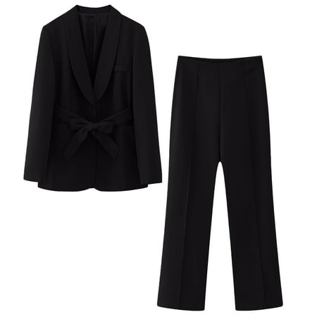Xdegoge Womens 2 Piece Outfits Suit Sets Lapel Collar Long Sleeve Trendy Blazer Jacket with Belt Business Casaul Matching Clothes Wide Leg Dress Pants Office High Waist Cozy Trousers formal Workwear