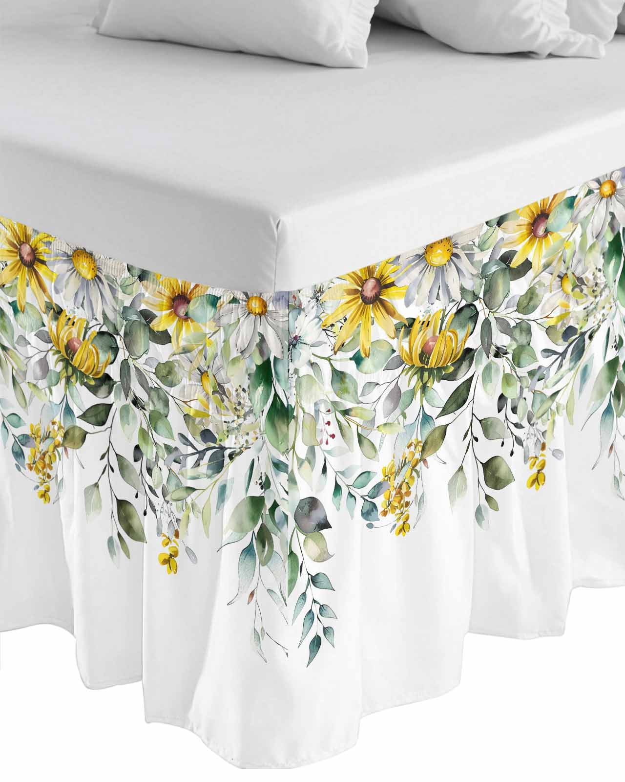 Farmhouse Eucalyptus Ruffle Bed Skirt Queen Size Leaves Yellow Daisy Botanical Adjustable Elastic Dust Bed Skirts Wrap Around Bedskirt Wrinkle Free Easy Fit with 16 Inch Drop