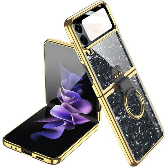 case for Samsung Z Flip 4 Case with Ring, Electroplated Pearl Shell with Ring Galaxy Z Flip 4 Case Protective Case Designed for Samsung Galaxy Z Flip 4 5G Case, Black