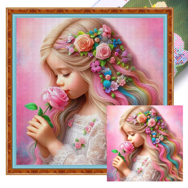 Kit Punto Cruz para Niña Bordado Con Hilo Algodón Ecológico 11CT Arte 40x40cm