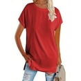 thumbnail image 5 of Women's Round Neck Solid Color T-Shirt Side Slit Casual Short-Sleeved Summer Sports Tunic Top, 5 of 6