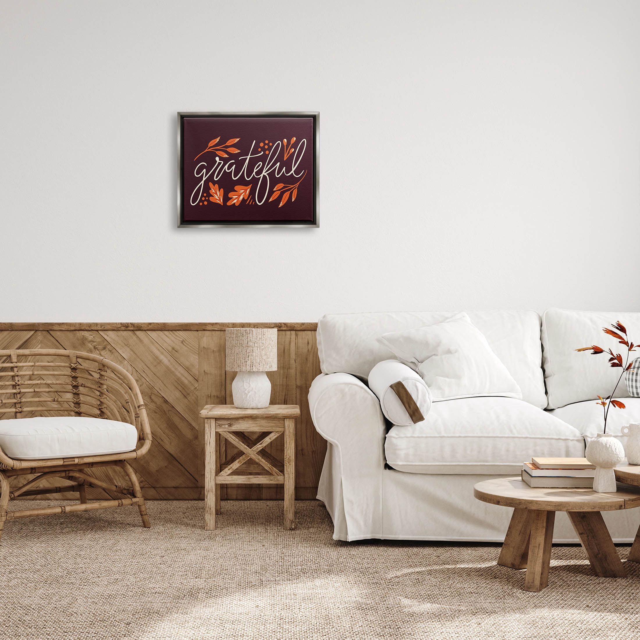 Grateful Autumnal Leaves Phrase Holiday Graphic Art Luster Gray Framed Art Print Wall Art