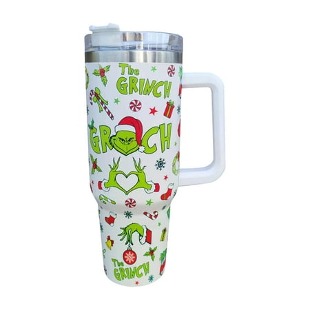 

40 oz Tumbler with Handle and Lid Grinch Tumbler Grinch Cup Double Wall Stainless Steel Insulated Cup with Lid Leak-Proof Thermos Water Bottle Travel Coffee Mug for Car Cup Holder Dishwasher Safe