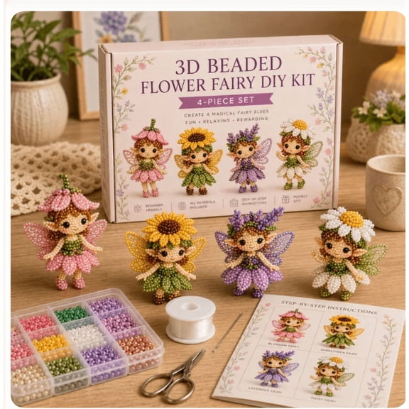 DIY 3D Beaded Floral Fairy Figurine Kit, 4 Designs Flower Elf Bead Art Craft Set for Beginners, Adorable Handmade Decor Creative Gift for Girls Craft Lovers