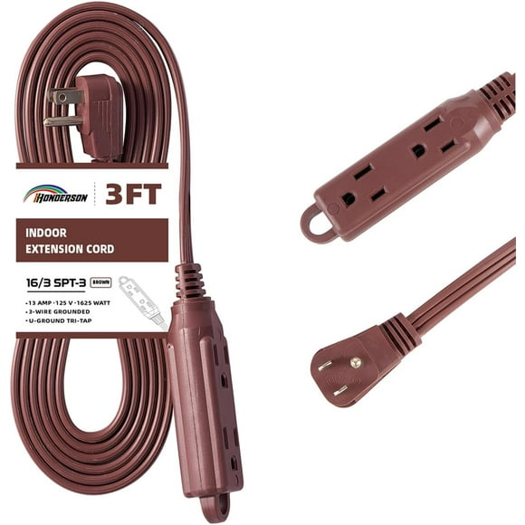 shiyou-3-Outlets Flat Plug Extension Cord Outlet Extender, UL Listed, Indoor Extension Cord 16 Gauge 3FT Brown 3 Prong Flat Extension Cord Multiple Outlets, 16/3 SPT-3 13A Flat Plug Power Strip