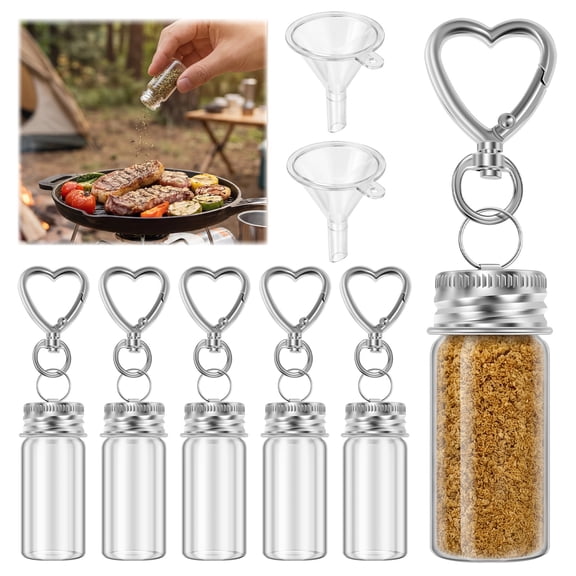 6 Pcs Mini Seasoning Keychain Bottles Small Clear Glass Spice Jars with Lids and Funnels for Travel Camping