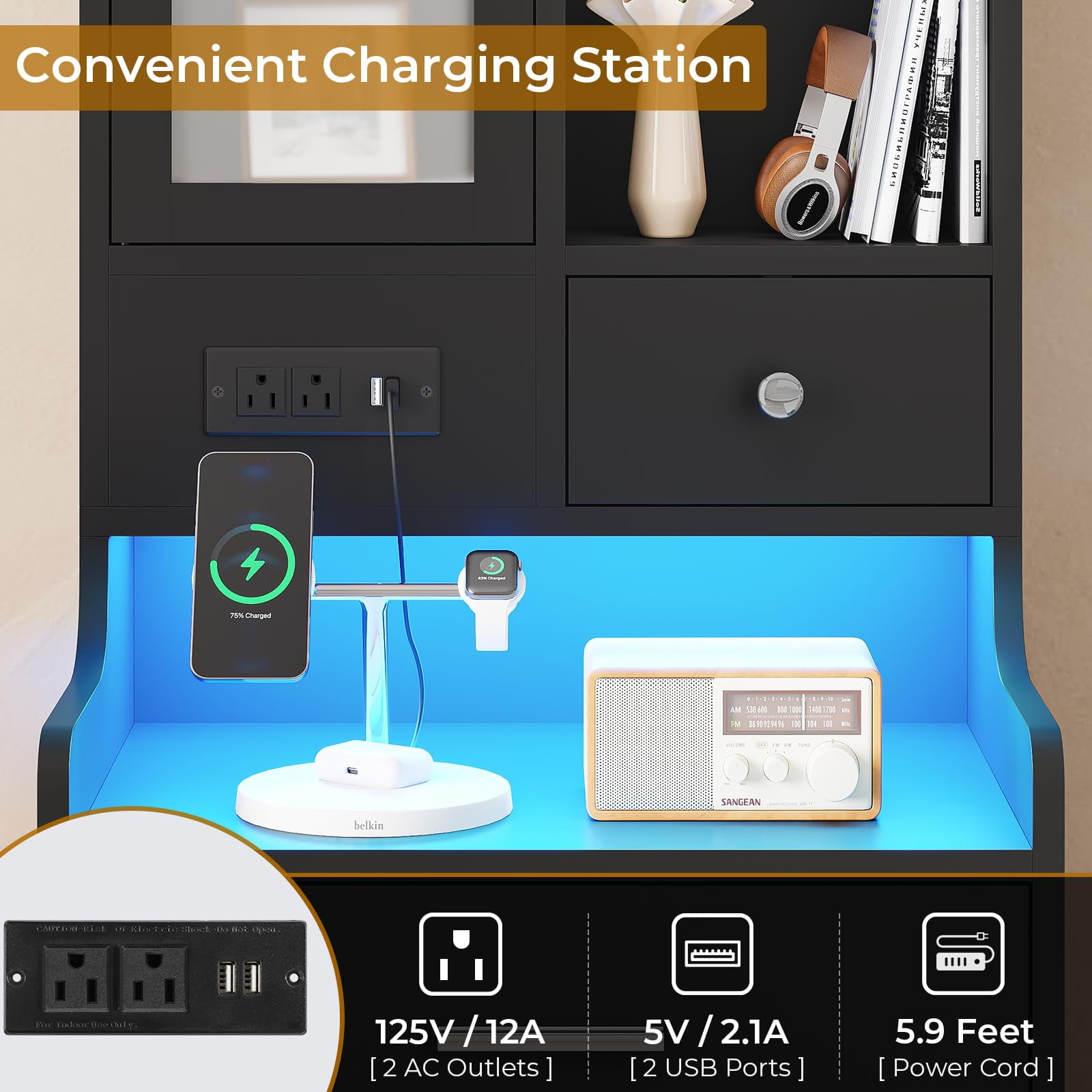 Afuhokles Tall Nightstand with Charging Station, Bedside Table with 4 Drawers, LED Night Stand with Bookshelf, Black