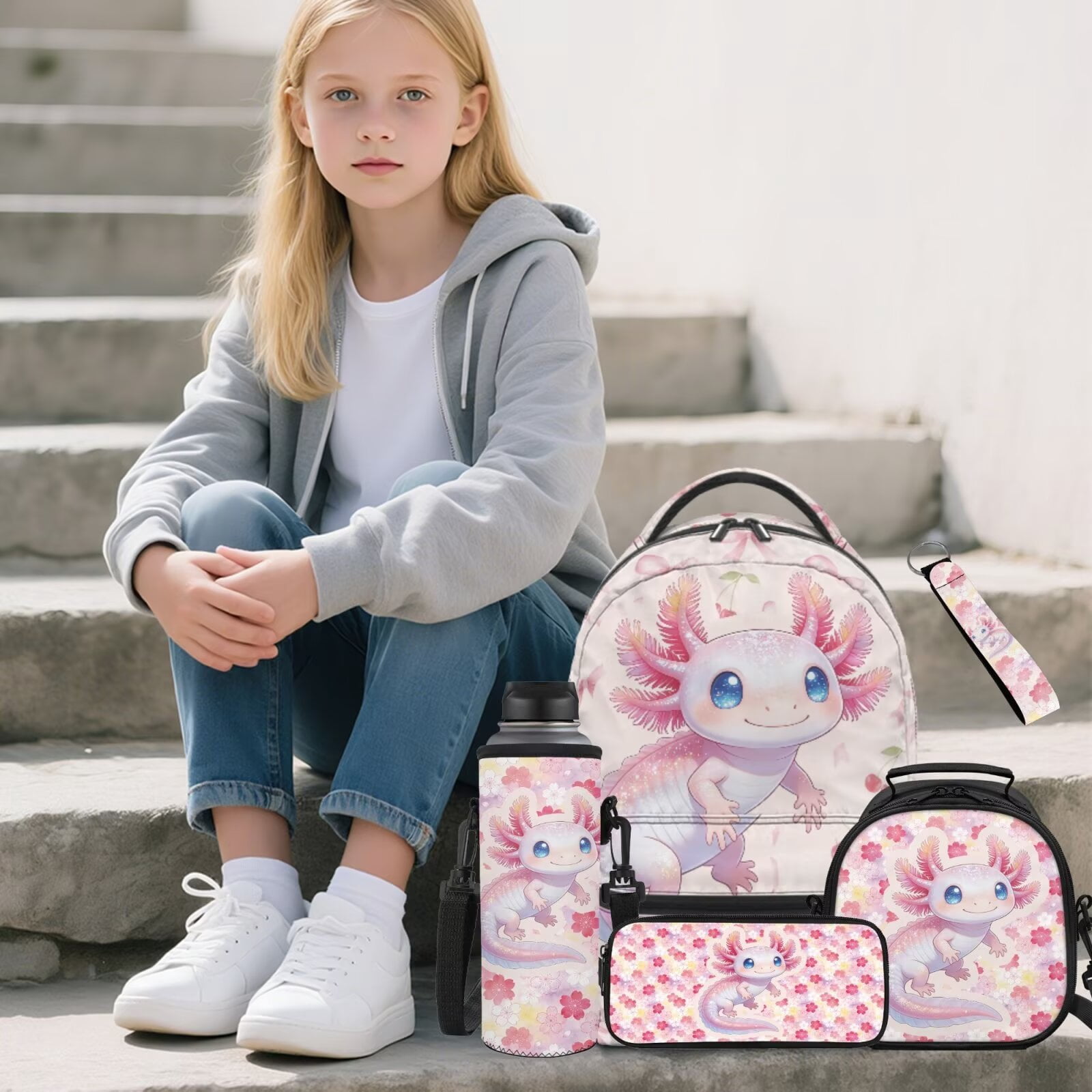 Pzuqiu Cherry Axolotl Back Pack for School Girls 5 pcs Kids Backpacks for Girls Lunch Bag with Water Bottle Holder Pencil Bag Cute Travel Rucksack Camping School Bag