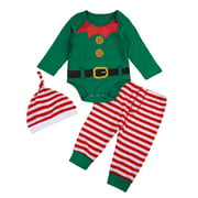 Sunisery Christmas Baby Boy Elf Romper Jumpsuit Striped Pants Hat Outfits Set