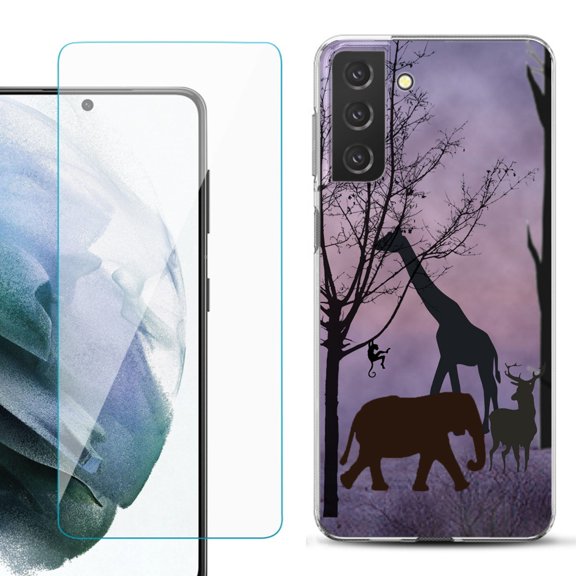 Slim-Fit TPU Fashion Phone Case for Samsung Galaxy S21 FE 5G Fan Edition, with Tempered Glass Screen Protector, by OneToughShield ® - Twilight Safari