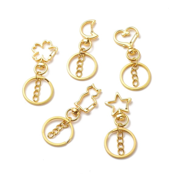 Alloy Swivel Keychain Clasps with Iron Split Key Rings Flower & Cat & Heart & Moon & Star Mixed Shape Golden 61~69mm