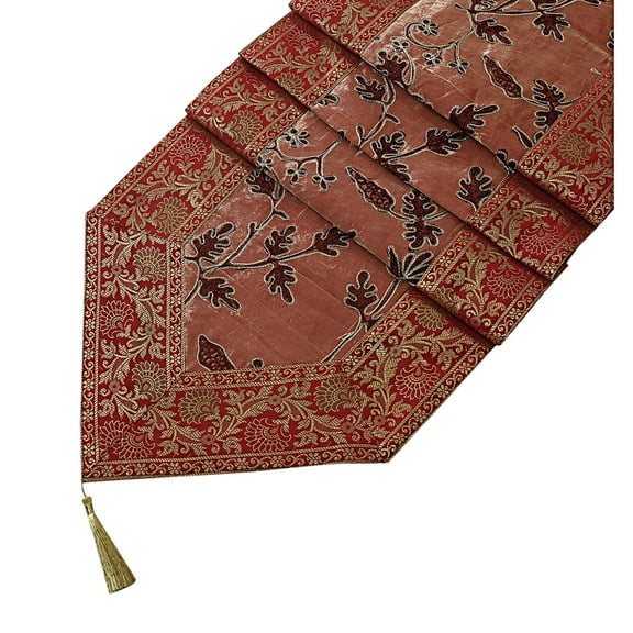 Stylo Culture Indian Dining Christmas Table Runner Extra Long 6 Ft Maroon Coffee Ethnic Brocade Bordered 72 Inch Decorative Placemat Zari Embroidered Tassels 14 Inch Wide Party Wedding Decor