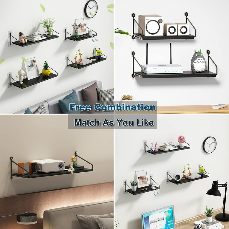 Floating Wooden Wall Shelves Metal Fixing Without Drilling Under TV Rack  Adhesive Hanging Home Bedroom Bathroom Decor Furniture