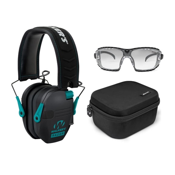 Walker’s Razor Slim Electronic Muff (Black/Teal) Bundle with Case, and Glasses