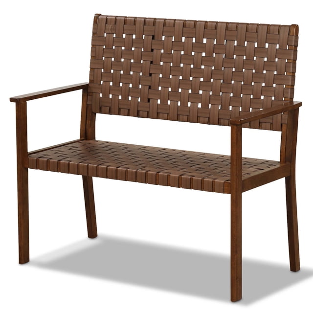 Gymax Patio Loveseat Bench w/ Solid Rubber Wood Frame & Hand Woven PU Leather All Weather