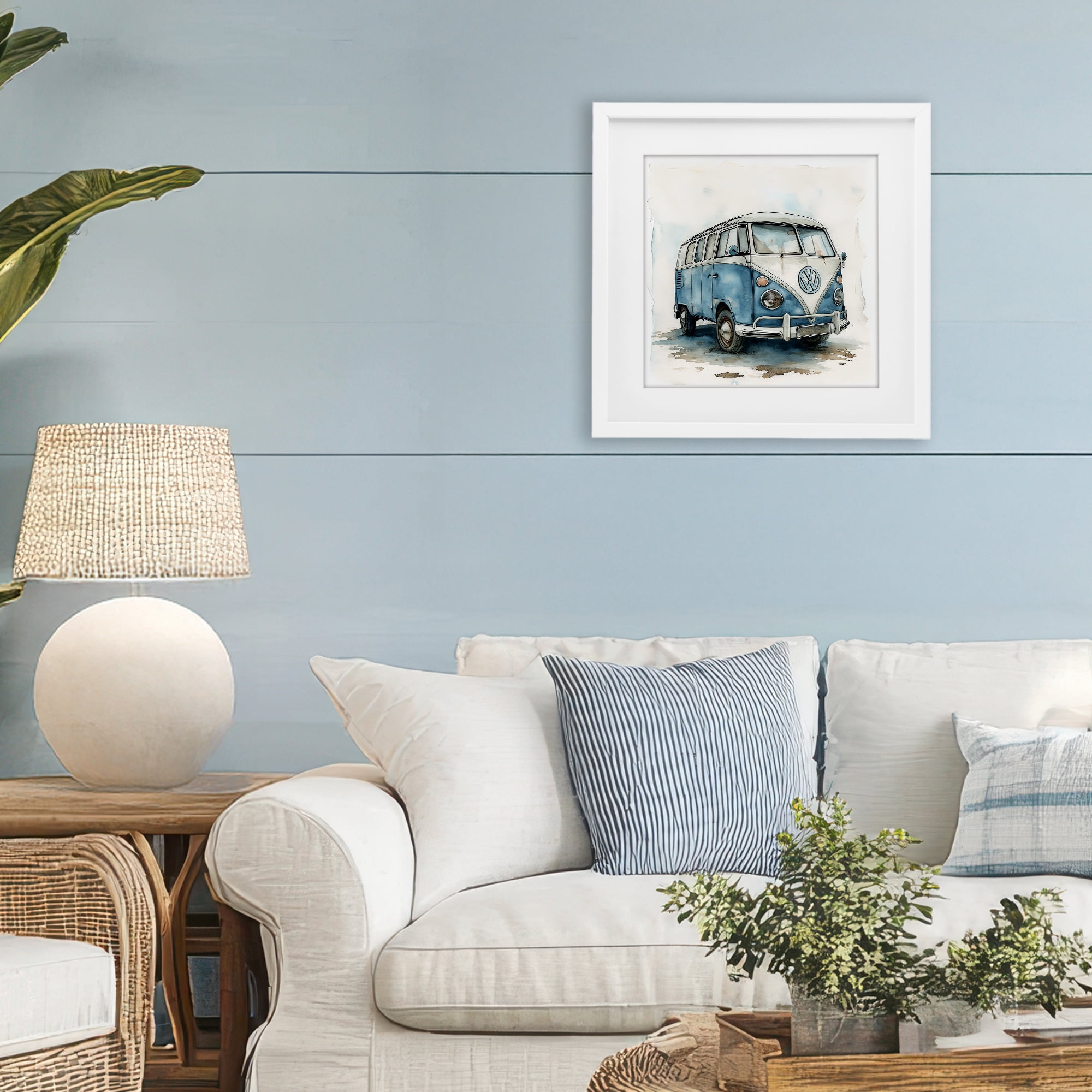 Stupell Industries Sky Blue Surf Van White Framed Print Under Glass, design by Ray Powers