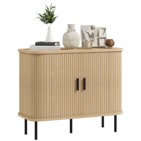 HOMCOM 35.4" Sideboard Buffet Cabinet, Slatted Kitchen Storage Cabinet, Oak