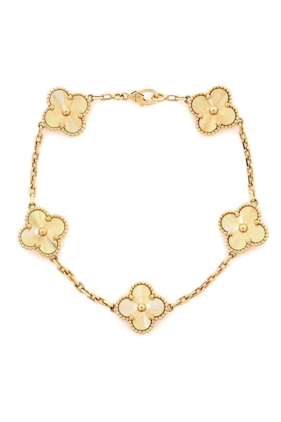 Pre-Owned Vintage Alhambra 5 Motifs Bracelet Guilloche 18K Yellow Gold By Rebag