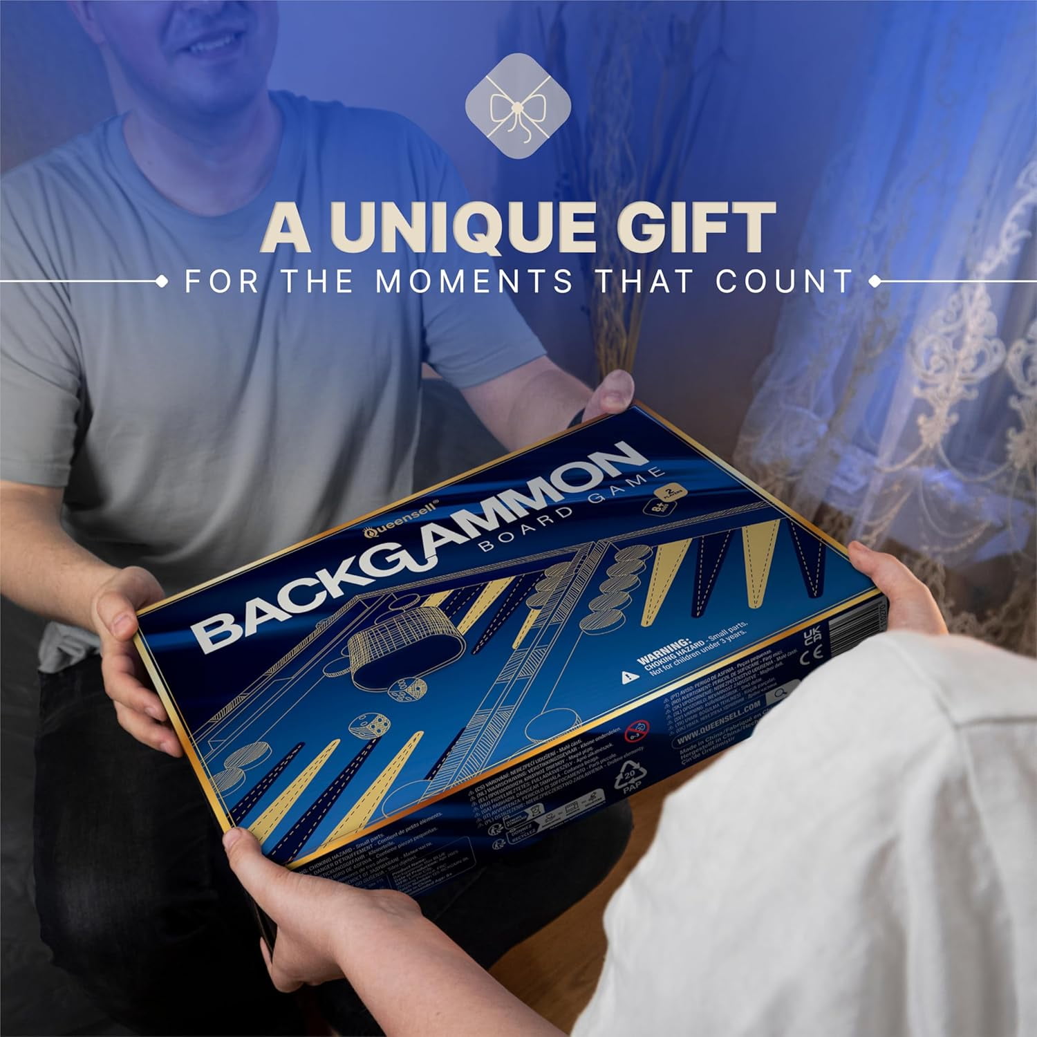 Queensell Backgammon Board Game Set – 15 inch Blue PU Leather for Adults