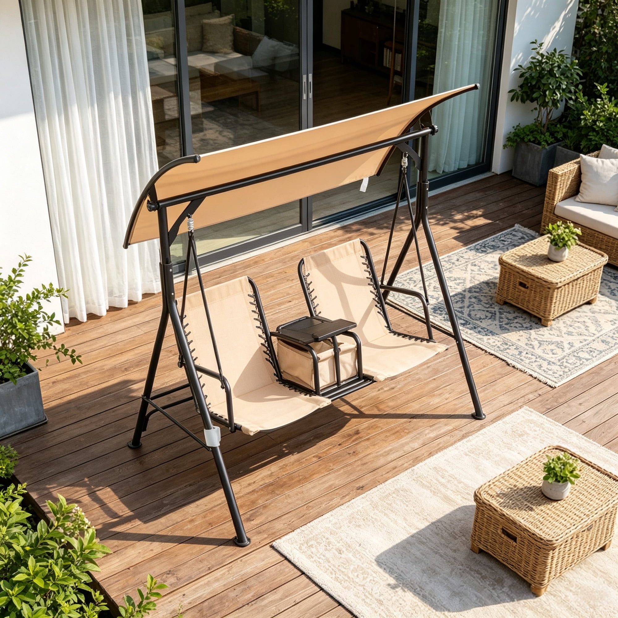 2-Seat Porch Swing with Adjustable Canopy, Built-in Storage Table & Cup Holders for Backyard, Beige