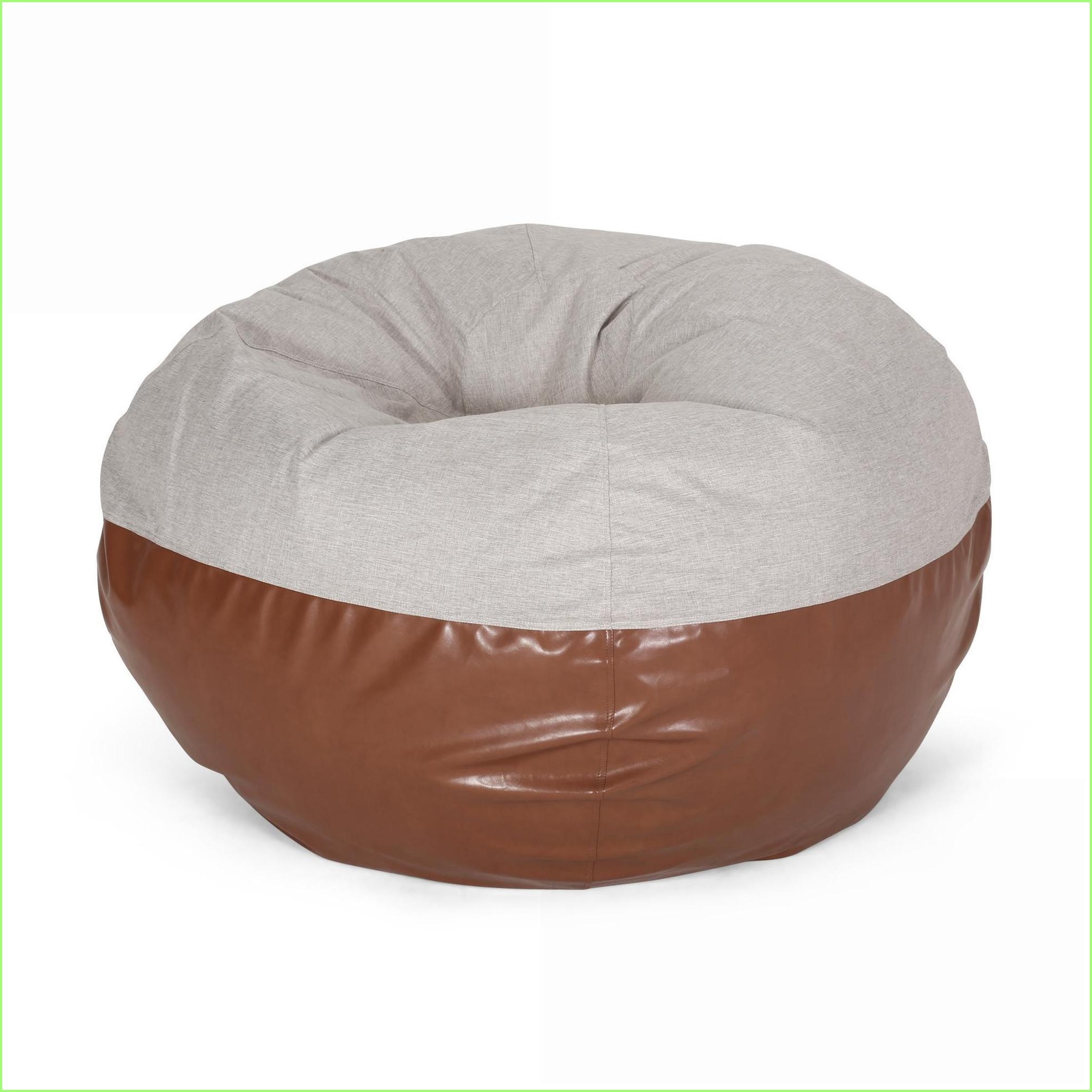 5 Foot Bean Bag Chair for Adults – Fabric & Faux Leather Lazy Sofa | Light Grey+Brown | Round