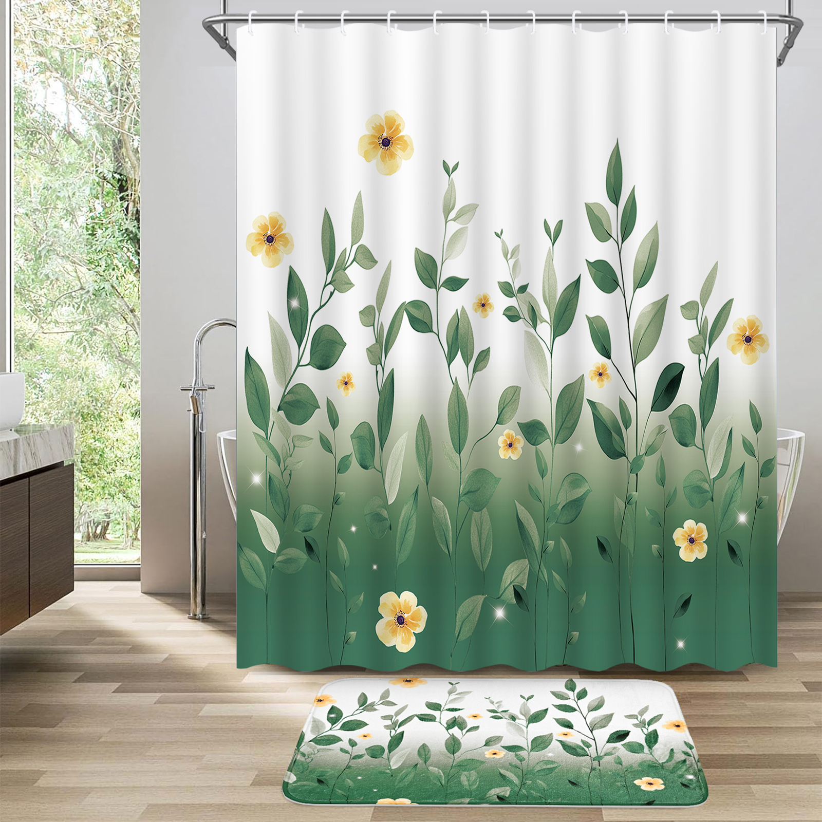 FRAMICS 16-Piece Ombre Floral Shower Curtain Sets with Rugs, Sage Green Eucalyptus Leaves Bathroom Sets, Waterproof Fabric Bathroom Curtain Decor with Hooks