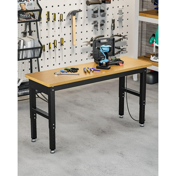 BeesClover 60" Adjustable Height Work Bench with Power Outlet, Heavy Duty Solid Wood Work Table, Max 2200 LBS Capacity Garage Workbench for Workshop, Shop, Home