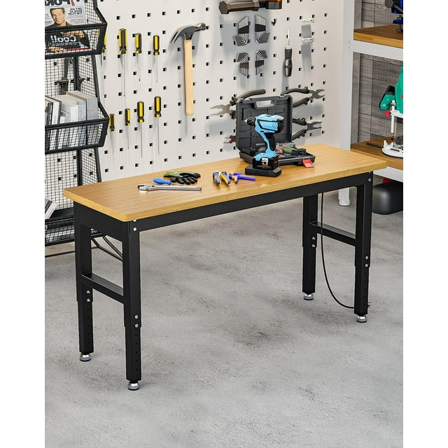 BeesClover 60" Adjustable Height Work Bench with Power Outlet, Heavy Duty Solid Wood Work Table, Max 2200 LBS Capacity Garage Workbench for Workshop, Shop, Home